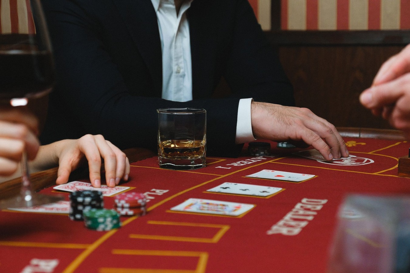 Blackjack table with professional felt and dealer setup